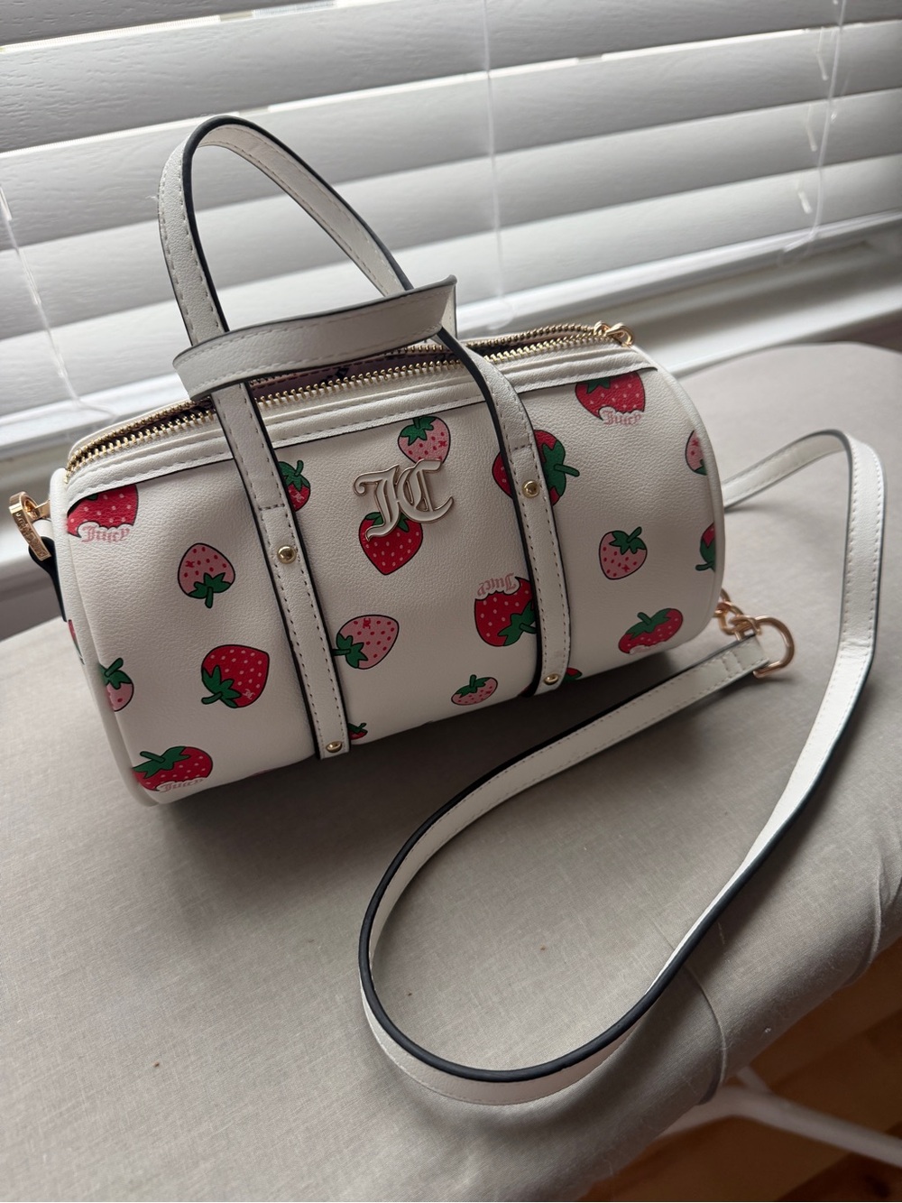 Juicy Couture White Strawberry-Print Barrel Crossbody Bag